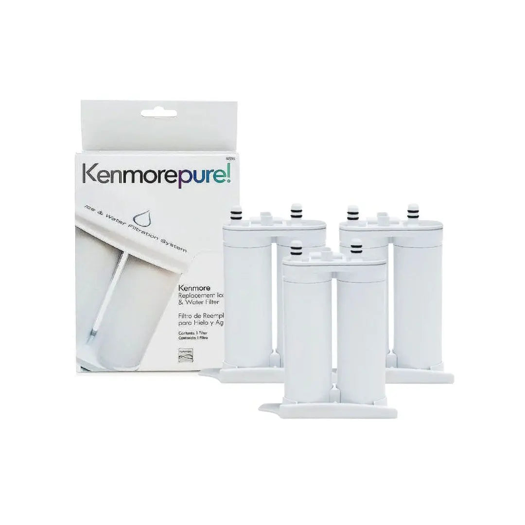 3 pack Kenmore 9911 replacement refrigerator water filters with KenmorePure packaging for clean water